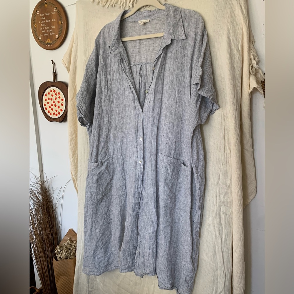 Eileen Fisher 100% linen pinstripe smock dress